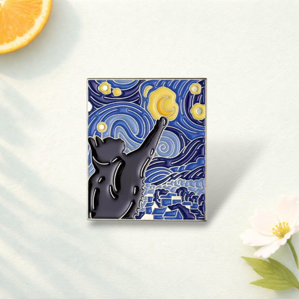 Starry Night Cats Enamel Pin Van Gogh Inspired Oil Painting Cat Brooch Art Badge Animal Lover Gift Lapel Pin Jewelry Kids Friends