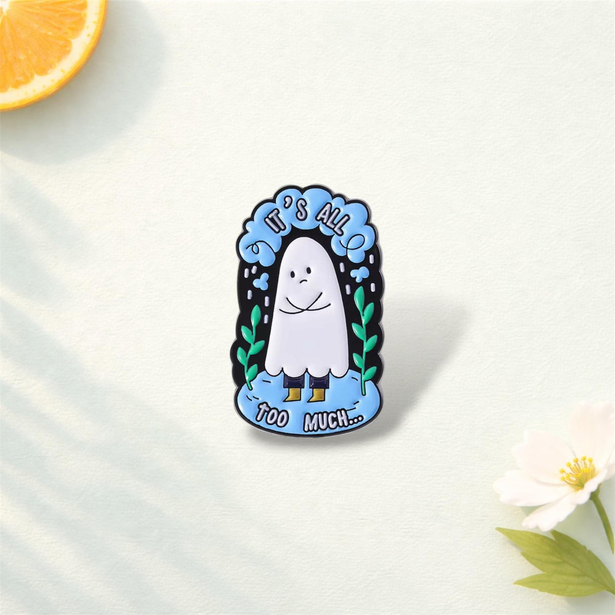 Kawaii Ghost Enamel Pin Set – Cute Cartoon Mental Health Healing Quote Brooch – Spooky Soft Enamel Lapel Badge – Aesthetic Jewelry Gift