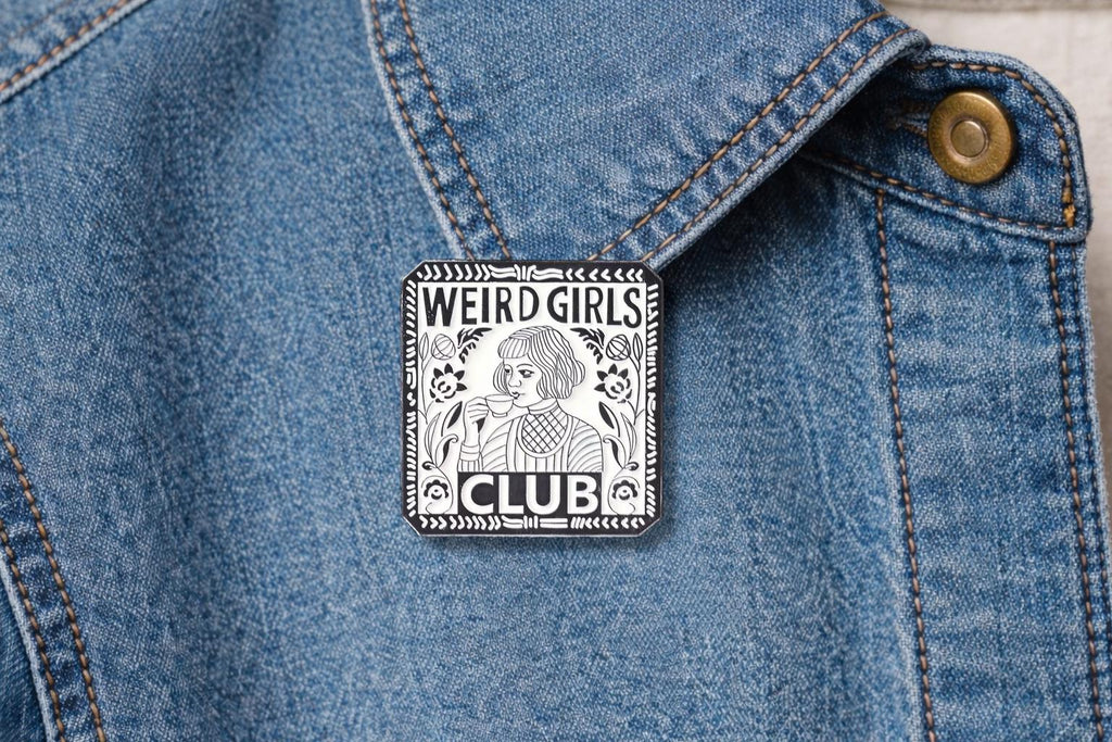 Weird Girls Club Enamel Pin Retro Black White Girl Drinking Tea Floral Border Brooch Lapel Badge Jewelry Gift