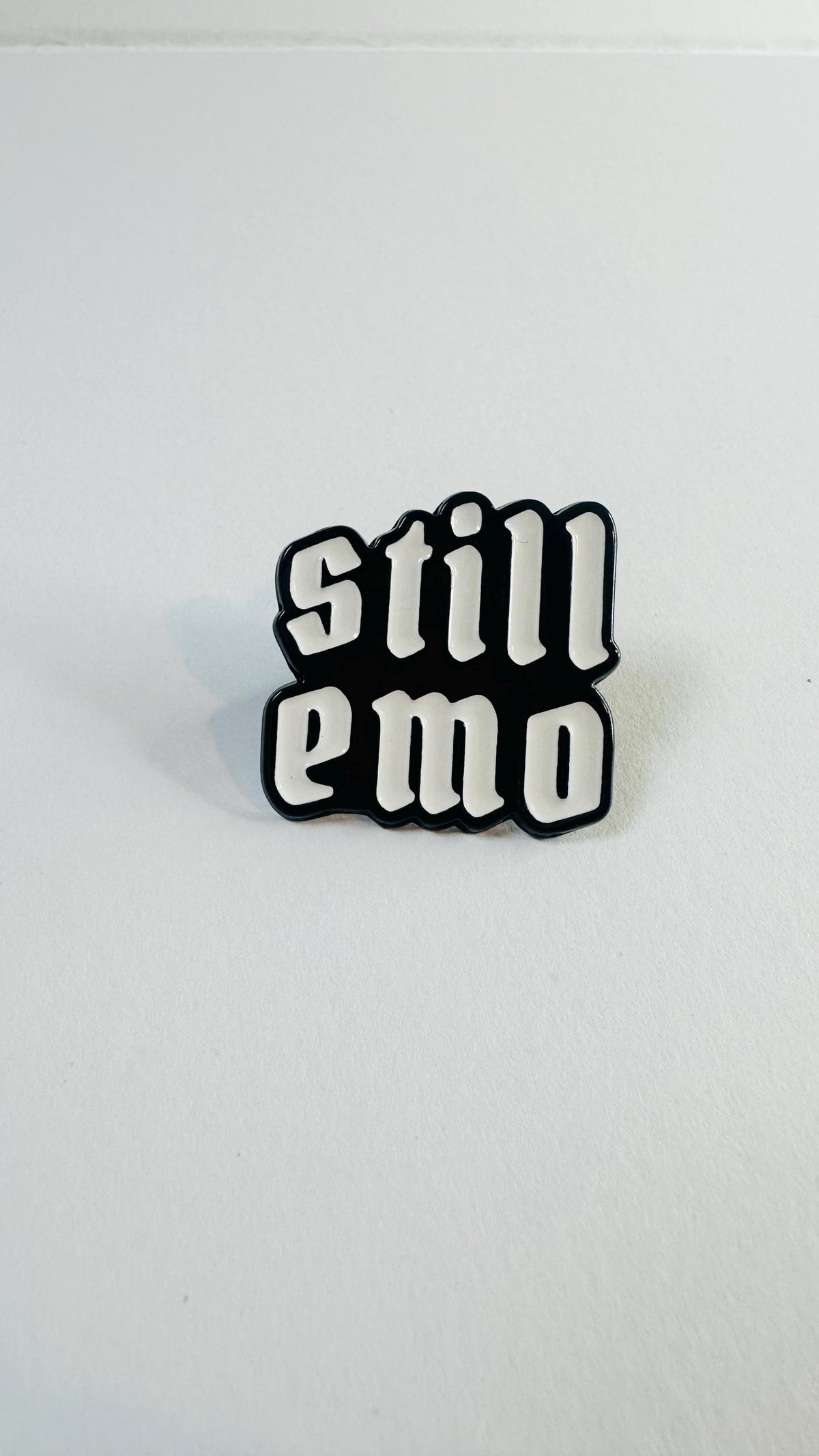 Still Emo Enamel Pin – Funny Sad Quote “Cries in Emo” Brooch – Alternative Aesthetic Lapel Badge – Retro Emo Kid Jewelry Gift