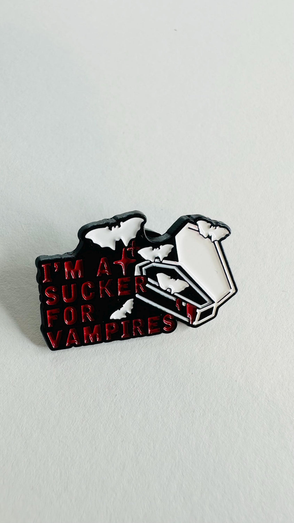 I Am a Sucker for Vampires Enamel Pin Halloween Bat Brooch Horror Movie Inspired Badge Gothic Lapel Pin Gift for Friends