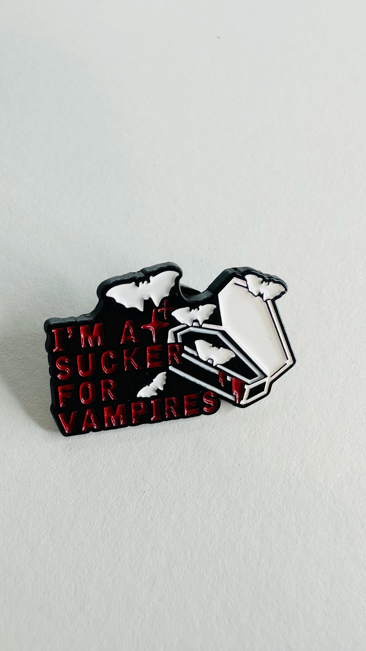 I Am a Sucker for Vampires Enamel Pin Halloween Bat Brooch Horror Movie Inspired Badge Gothic Lapel Pin Gift for Friends