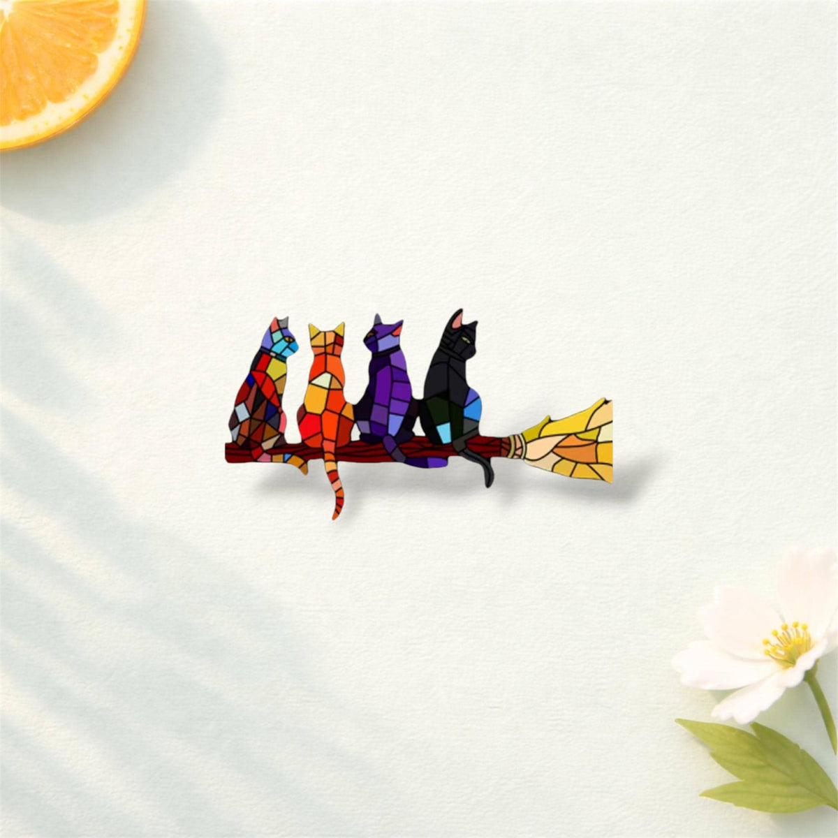 Stained Glass Cats Enamel Pin – Mosaic Magic Broom Witchy Kitten Metal Badge – Cute Gothic Cat Lapel Brooch Jewelry Gift