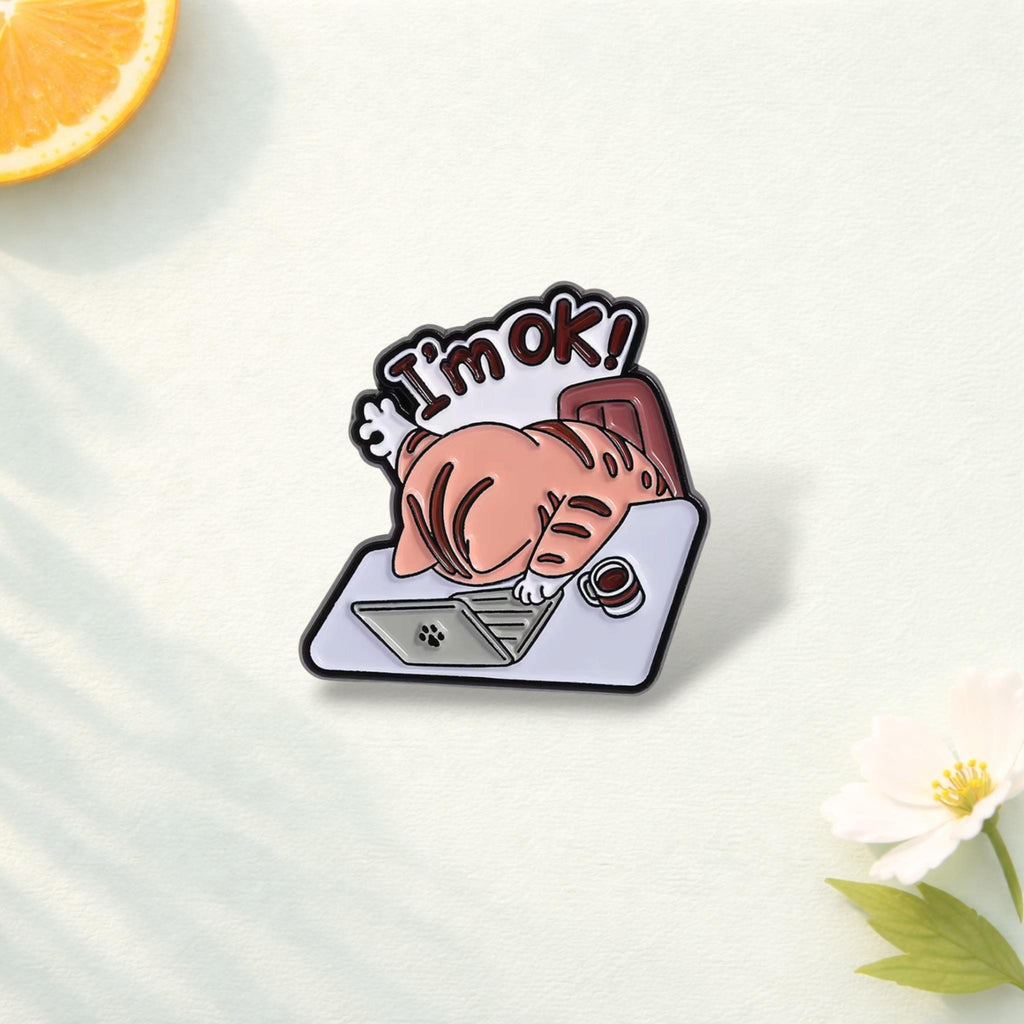 Funny Cat on Laptop Enamel Pin Tired Kitty Work Life Brooch Cute Animal Lapel Badge Jewelry Gift for Friends