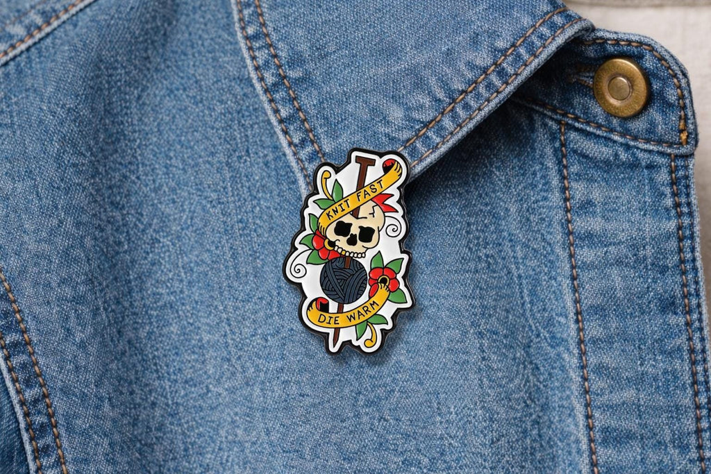 Knitting Witch Enamel Pin – Yarn Ball & Flowers Gothic Skull Brooch – Vintage Punk Craft Aesthetic Lapel Badge – Witchy Knitter Jewelry Gift