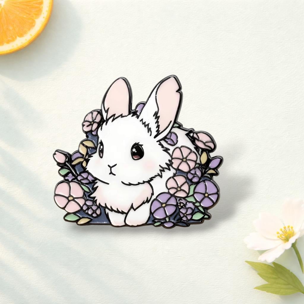 Cute Rabbit Enamel Pin Floral Bunny Brooch Lop Eared Rabbit Lapel Pin Cartoon Animal Jewelry Backpack Hat Clothing Gift for Bunny Lovers