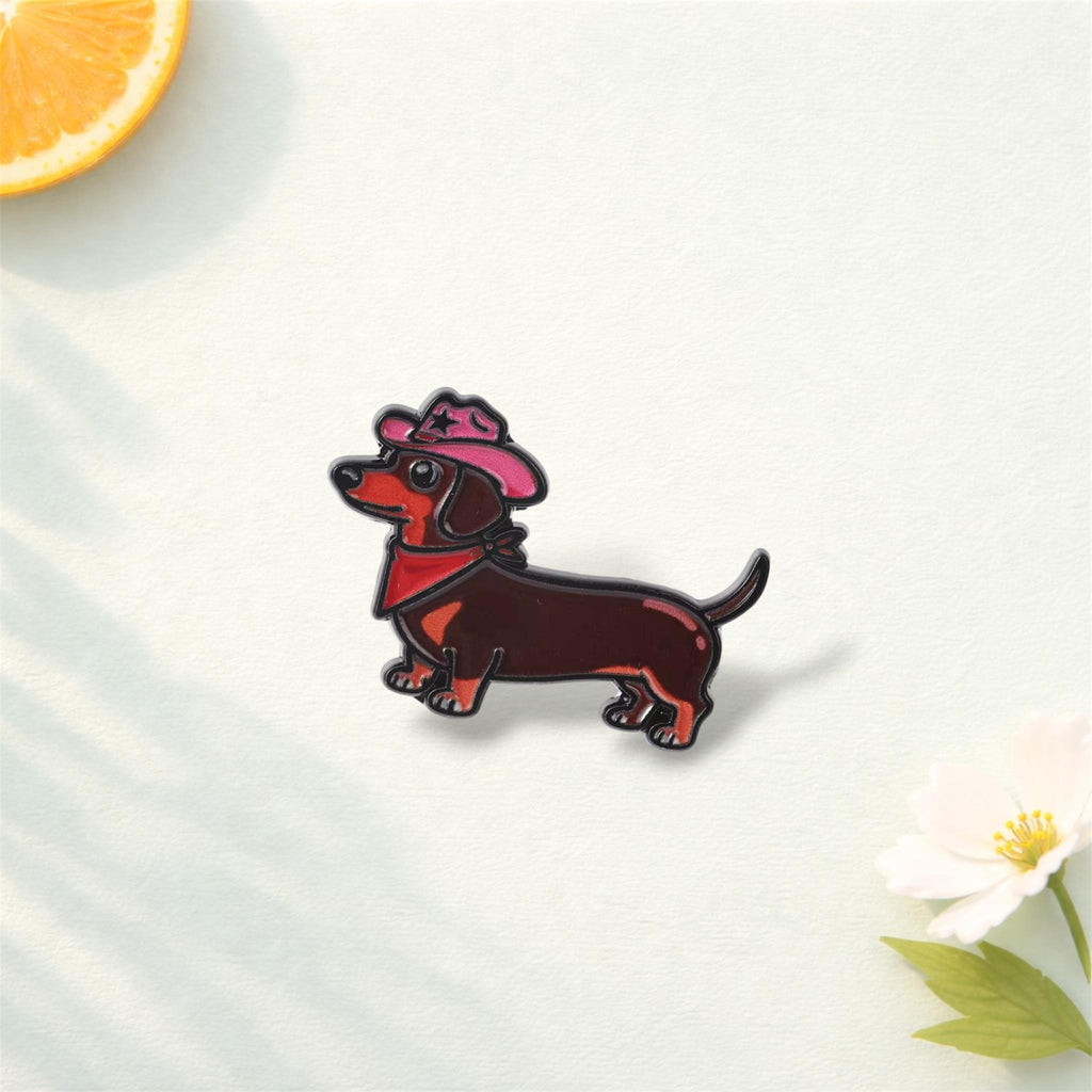 Cute Dachshund Enamel Pin – Cartoon Sausage Dog with Cowboy Hat & Flowers Brooch – Funny Wiener Dog Lapel Badge – Pet Lover Jewelry Gift
