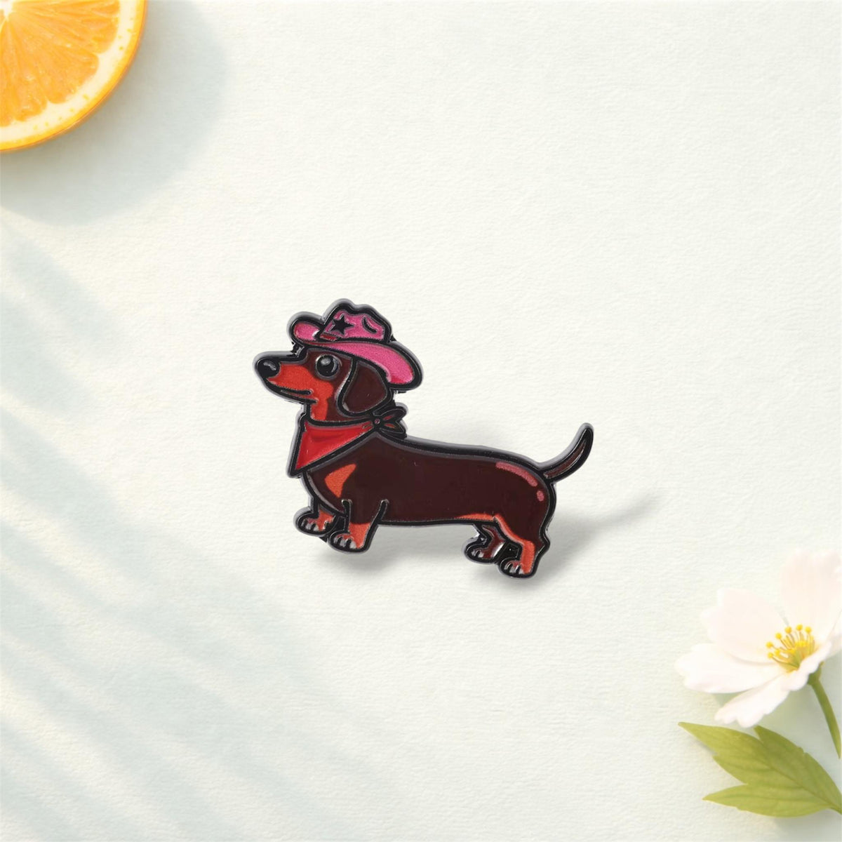 Cute Dachshund Enamel Pin – Cartoon Sausage Dog with Cowboy Hat & Flowers Brooch – Funny Wiener Dog Lapel Badge – Pet Lover Jewelry Gift