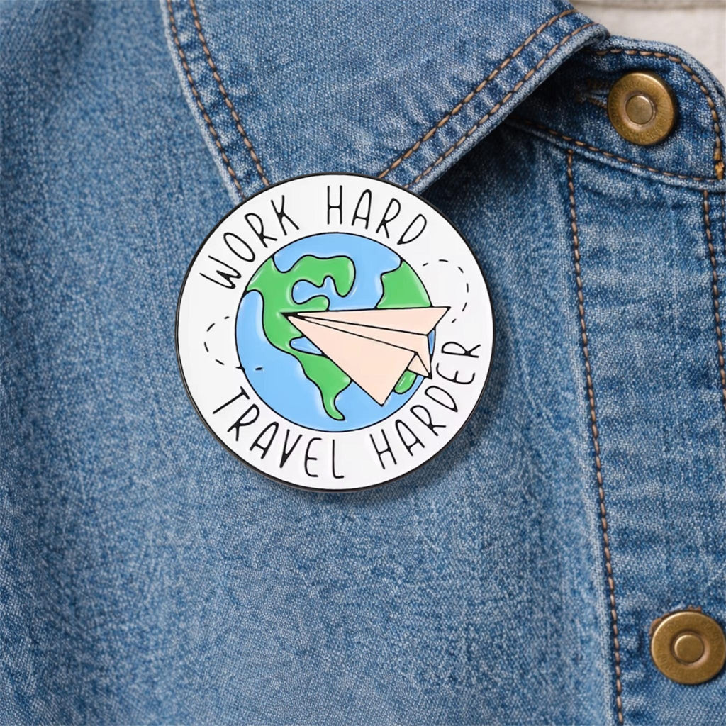 Work Hard Travel Harder Enamel Pins Earth Paper Airplane Adventure Theme Lapel Brooch