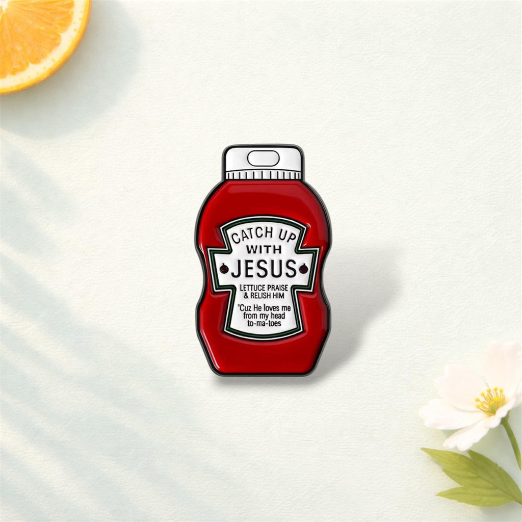 Catch up with Jesus Ketchup Enamel Pins Funny Christian Faith Brooch Backpack Lapel Badge Jewelry Gift