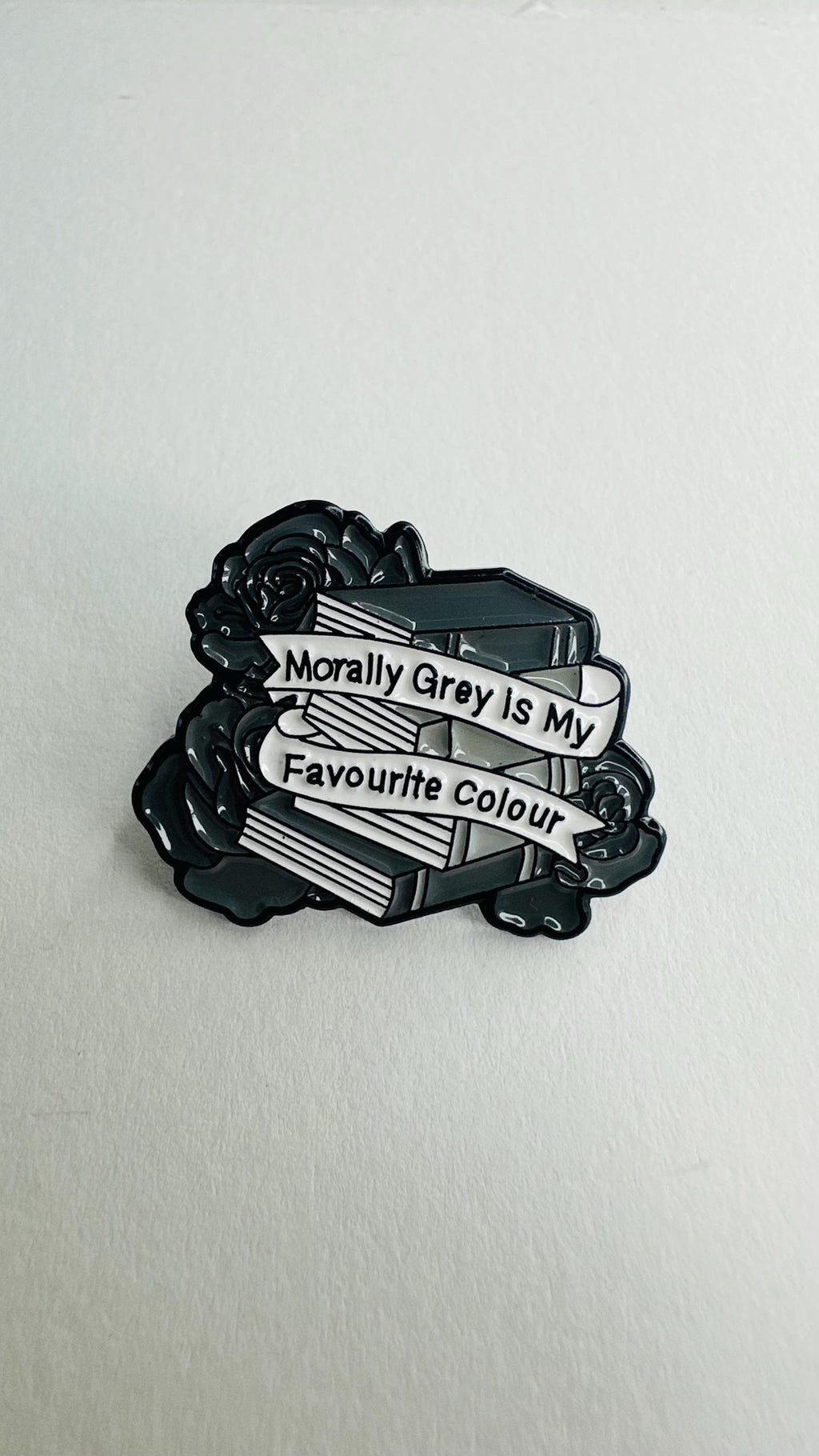 Morally Grey Enamel Pin – Dark Aesthetic Black & White Rose Book Gothic Literary Brooch