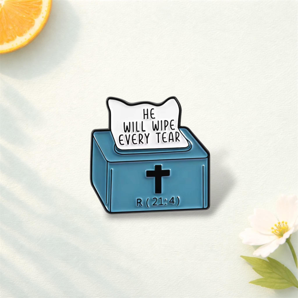 Jesus Christian Bible Quote Enamel Pin – “He Will Wipe Every Tear” Faith Brooch – Religious Tissue Box Lapel Badge – Inspirational Jewelry
