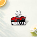 Cute Cat Driving Car Enamel Pin Cartoon Kitten FURRARI Brooch Funny Animal Lapel Badge Backpack Jewelry Gift for Friends