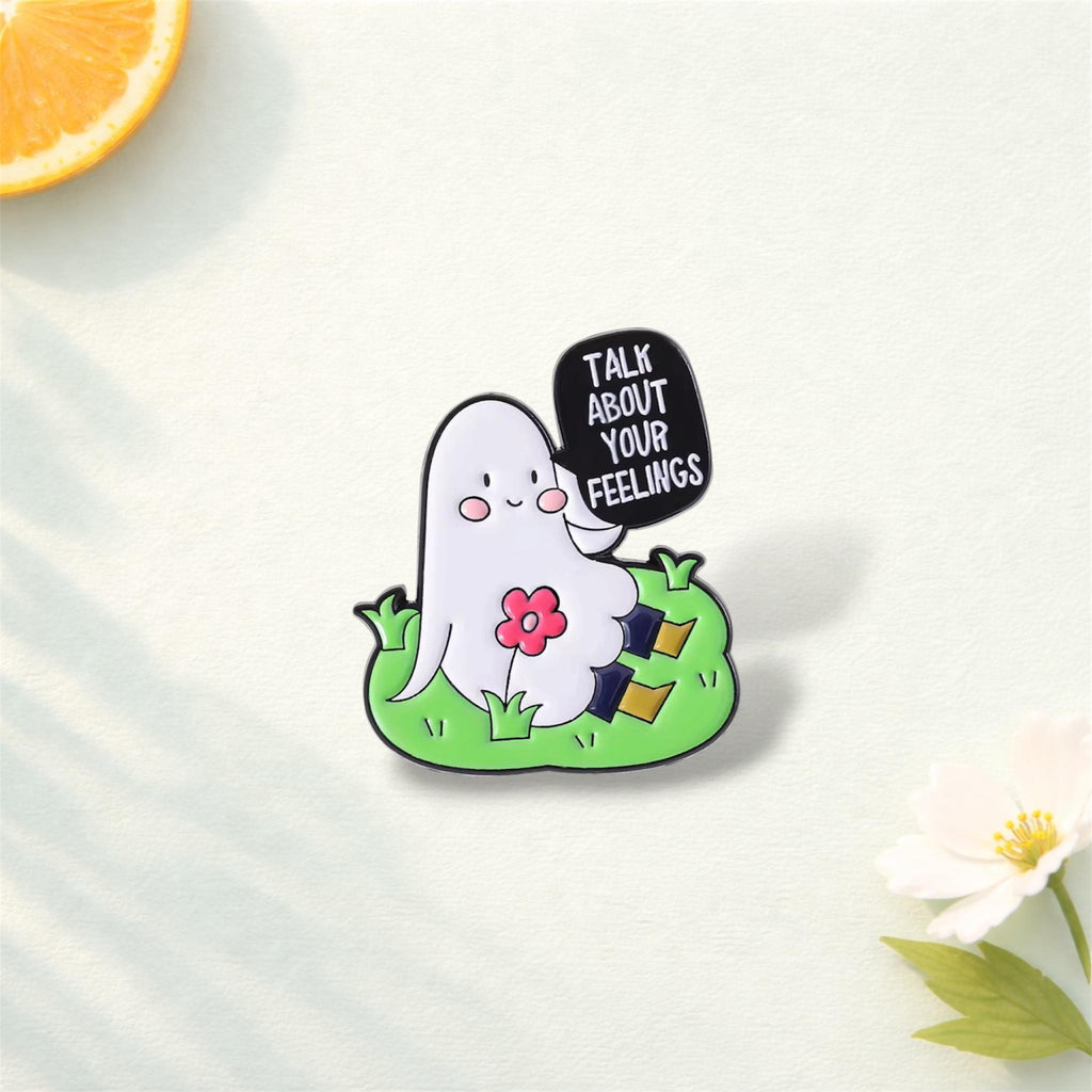 Kawaii Ghost Enamel Pin Set – Cute Cartoon Mental Health Healing Quote Brooch – Spooky Soft Enamel Lapel Badge – Aesthetic Jewelry Gift