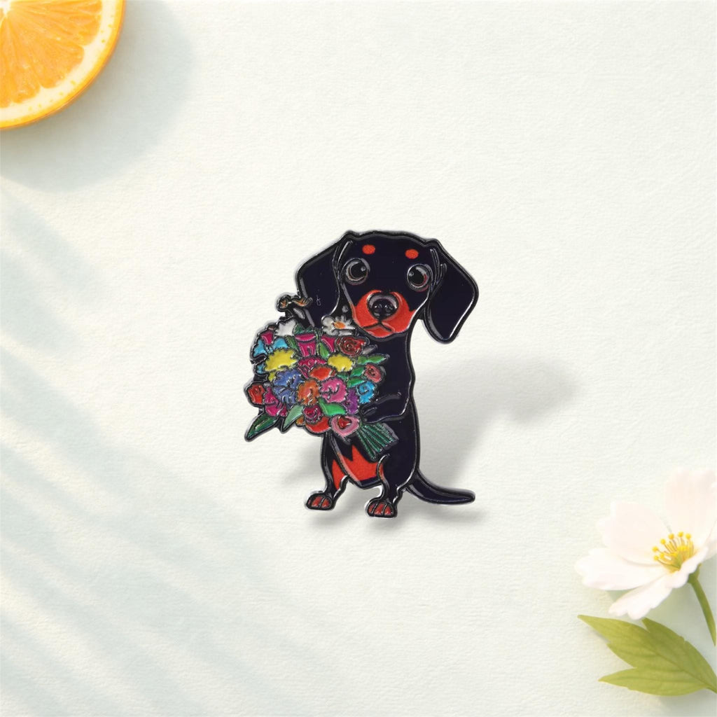 Cute Dachshund Enamel Pin – Cartoon Sausage Dog with Cowboy Hat & Flowers Brooch – Funny Wiener Dog Lapel Badge – Pet Lover Jewelry Gift