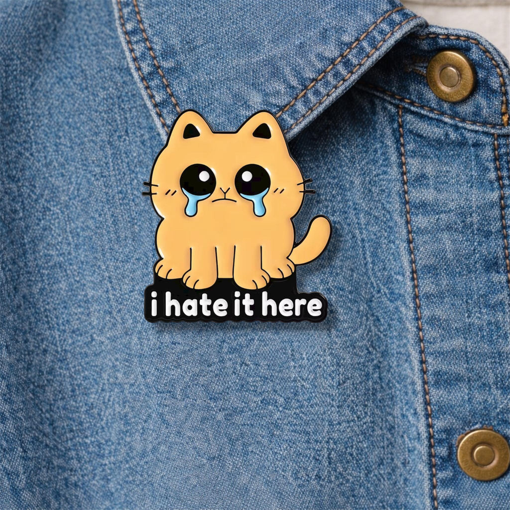 Cries in Corporate Enamel Pin Funny Cat Animal Quote No Time Cry I Hate It Here Brooch Lapel Badge