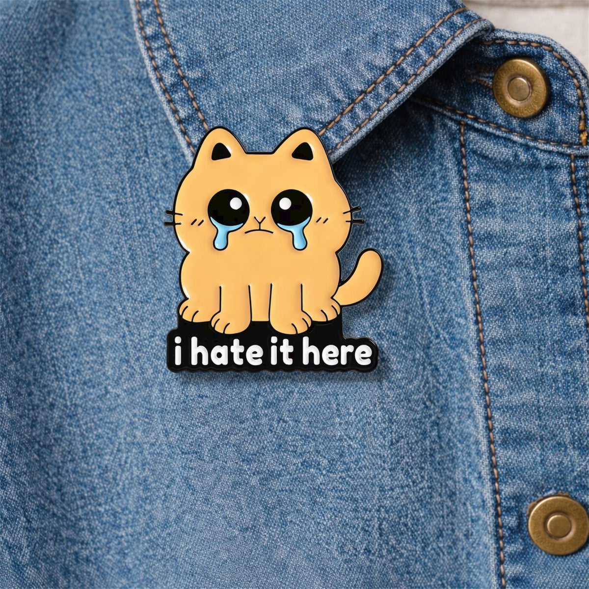 Cries in Corporate Enamel Pin Funny Cat Animal Quote No Time Cry I Hate It Here Brooch Lapel Badge