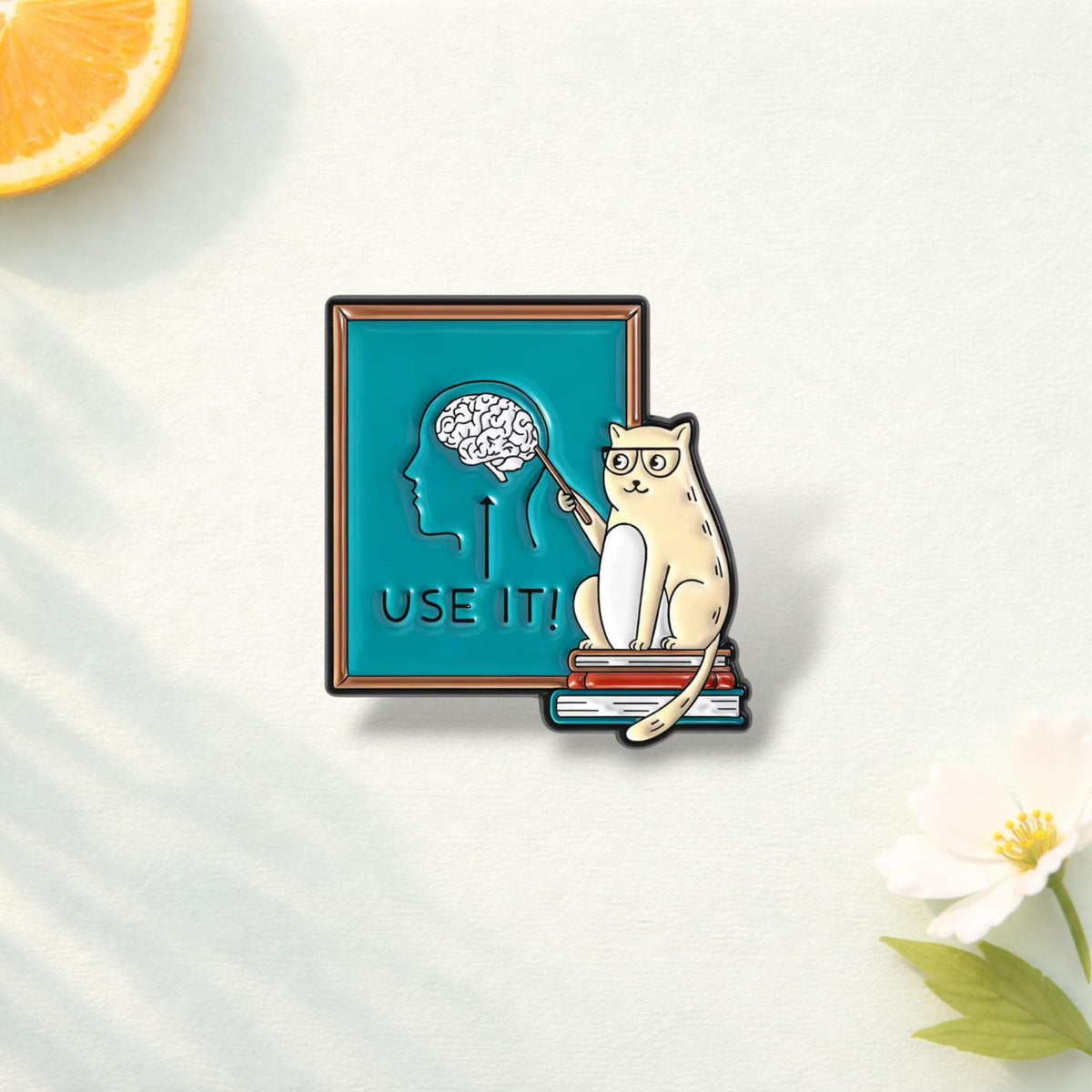 Cat Teacher Enamel Pin Cute Cat Teaching Use Your Brain Encouraging Quote Brooch Lapel Badge Cartoon Jewelry Gift for Friends