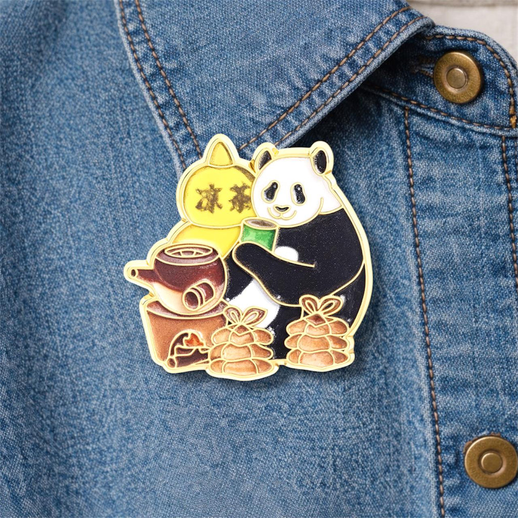 Cartoon Panda Enamel Pin Drinking Herbal Tea and Eating Bamboo Brooch Lapel Badge Cute Animal Jewelry Gift for Friends