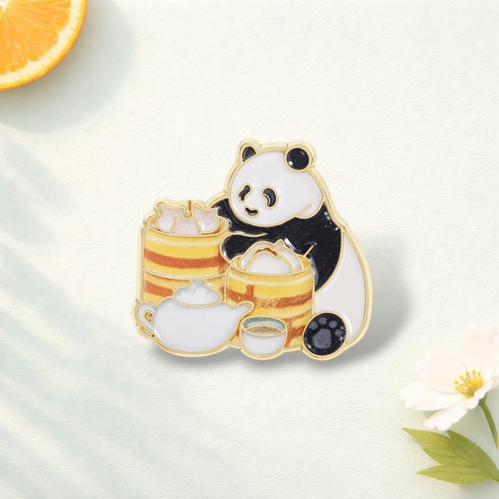 Cartoon Panda Enamel Pin Drinking Herbal Tea and Eating Bamboo Brooch Lapel Badge Cute Animal Jewelry Gift for Friends