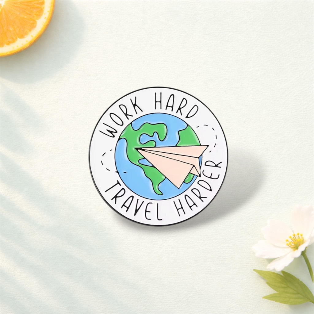 Work Hard Travel Harder Enamel Pins Earth Paper Airplane Adventure Theme Lapel Brooch