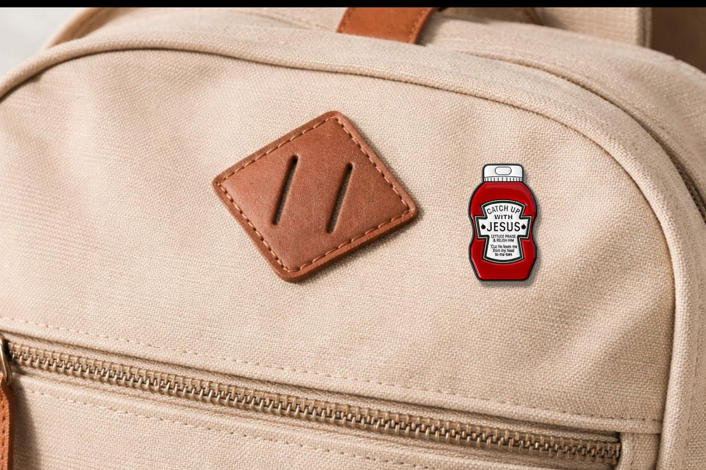 Catch up with Jesus Ketchup Enamel Pins Funny Christian Faith Brooch Backpack Lapel Badge Jewelry Gift