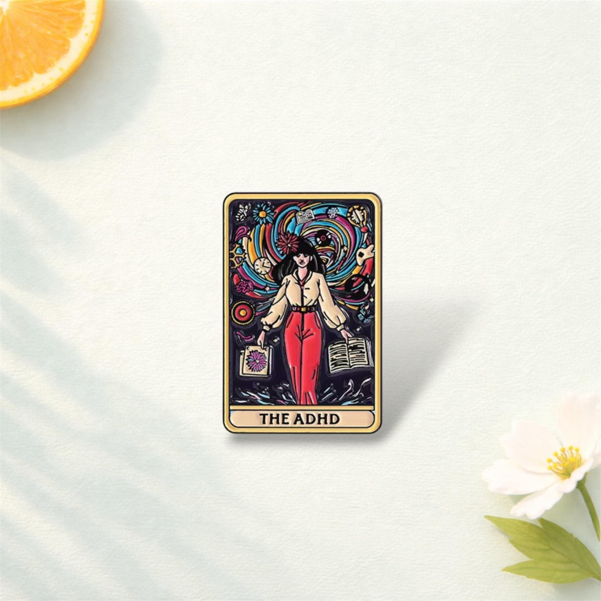 ADHD Tarot Cards Enamel Pin – Funny Mental Health Tarot Brooch – Neurodiversity Humor Lapel Badge – Witchy Aesthetic Jewelry Gift