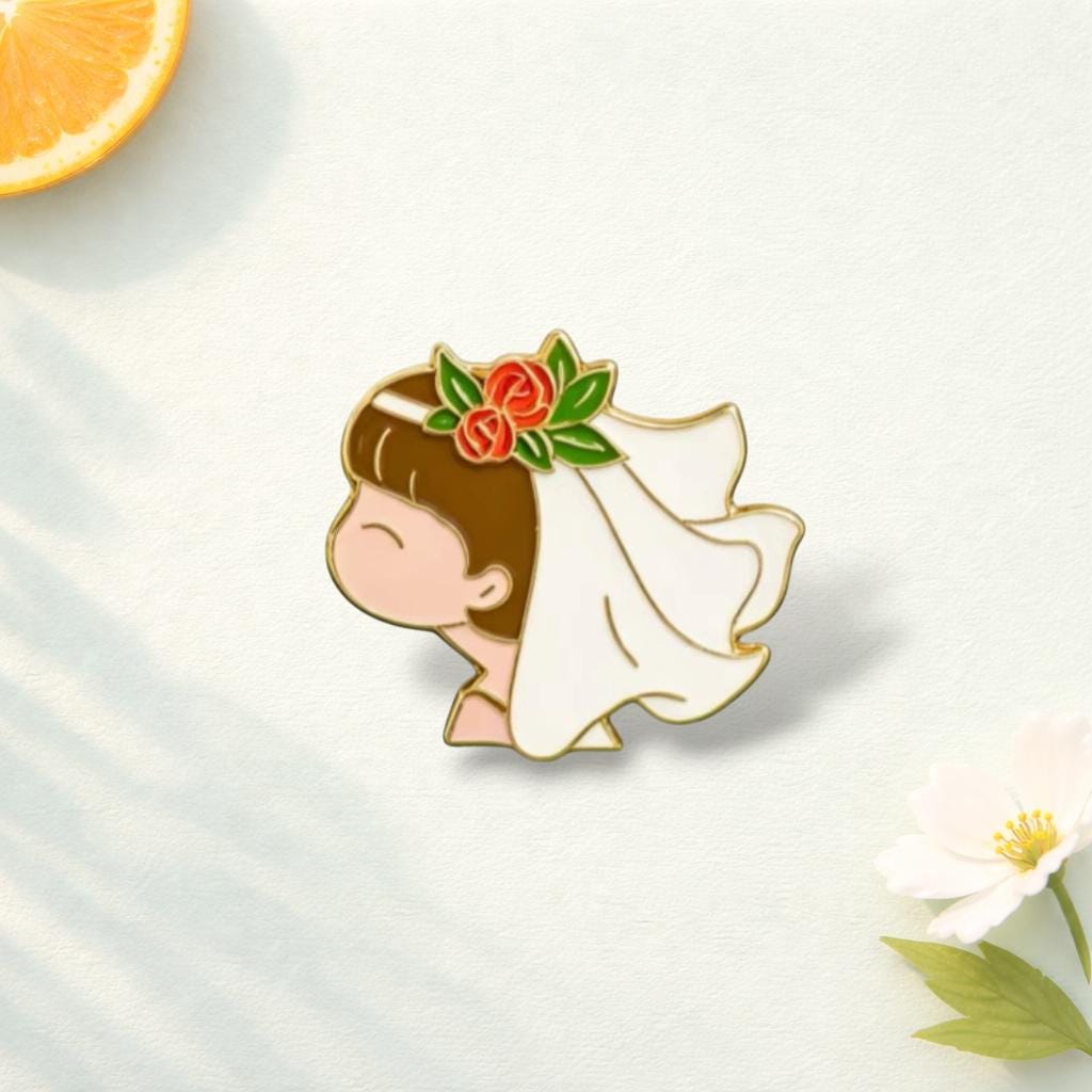 Cute Bride Enamel Pin Zinc Alloy Wedding Brooch White Veil Rose Girl Lapel Pin Bridal Gift Jewelry for Wedding Party Decor
