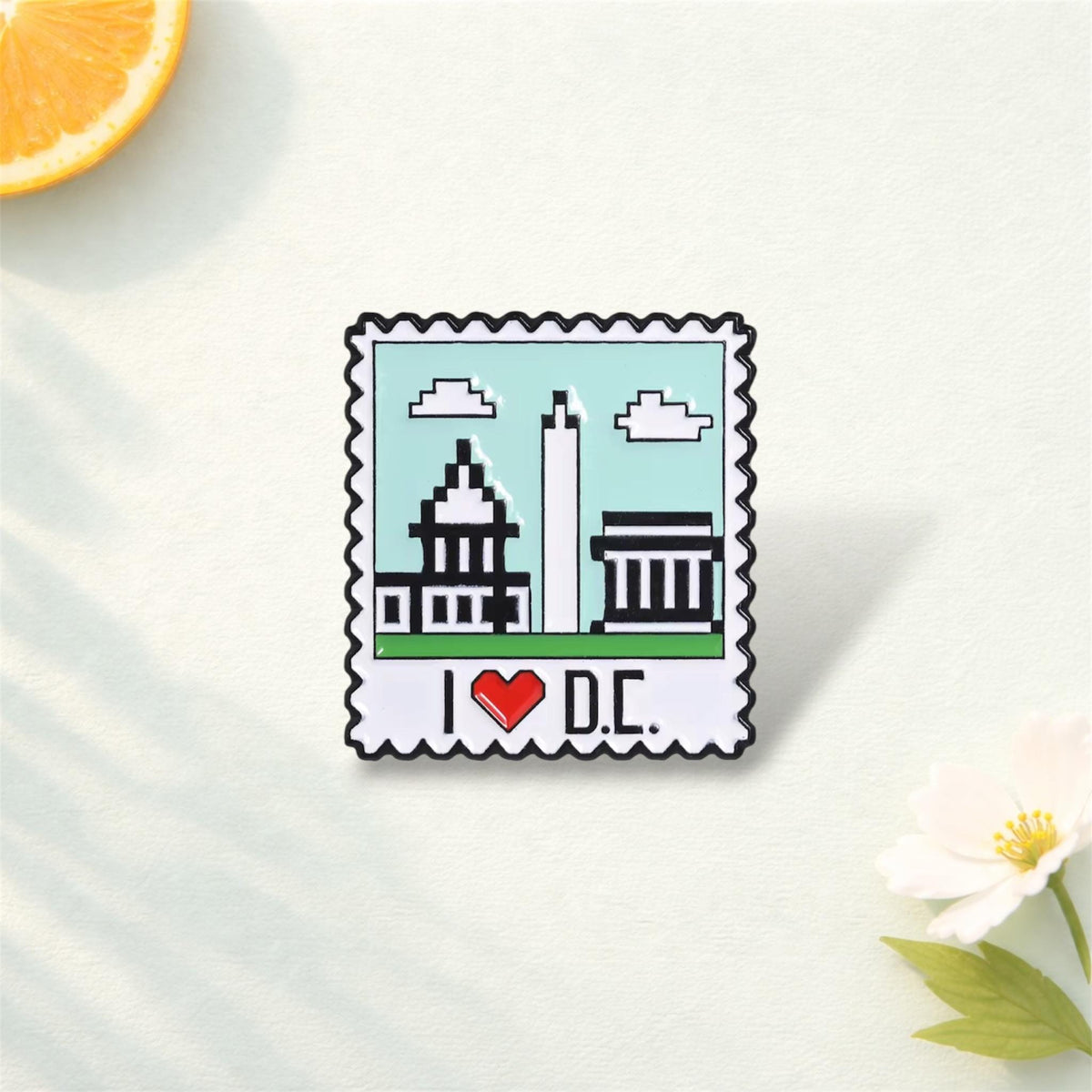 Washington D.C. Travel Enamel Pin Set – “I Love D.C.” Postage Stamp Metal Badge – City Landmark Souvenir Lapel Brooch Gift