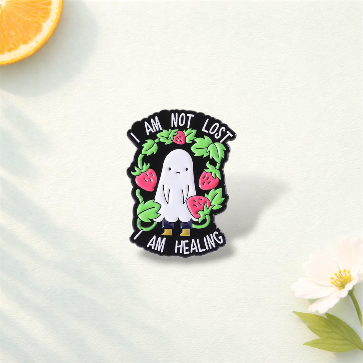Kawaii Ghost Enamel Pin Set – Cute Cartoon Mental Health Healing Quote Brooch – Spooky Soft Enamel Lapel Badge – Aesthetic Jewelry Gift