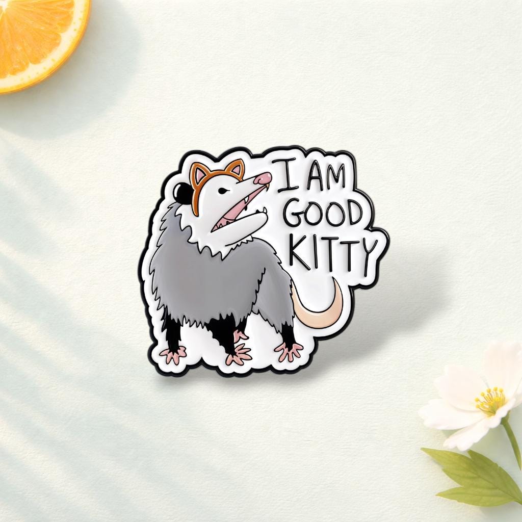 Funny Opossum cat Cosplay Enamel Pins I Am Good Kitty Brooch Lapel Badge Backpack Jewelry Gift
