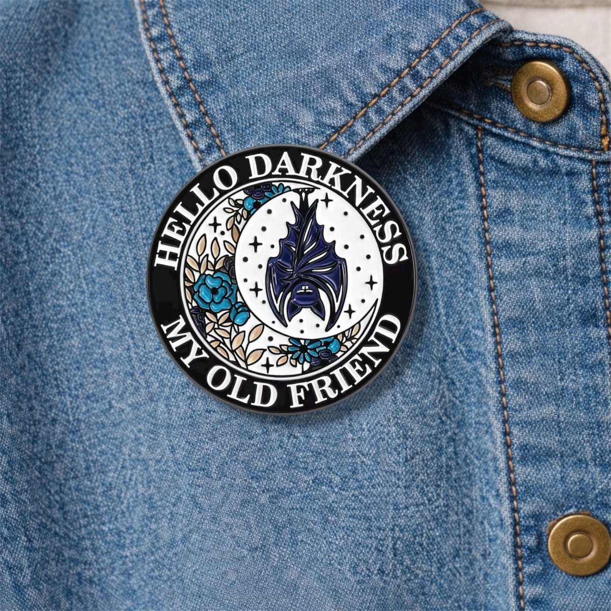 Hello Darkness My Old Friend Enamel Pin Gothic Folk Music Quote Bat Flower Brooch Dark Aesthetic Lapel Badge Jewelry Gift