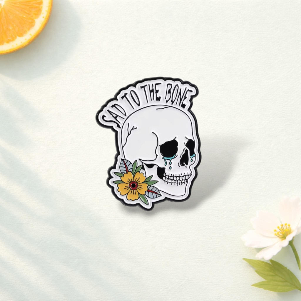 Gothic Skull “Kinda Emotional” Enamel Pin – Punk Skeleton Flower Sad to the Bone Brooch – Lapel Badge