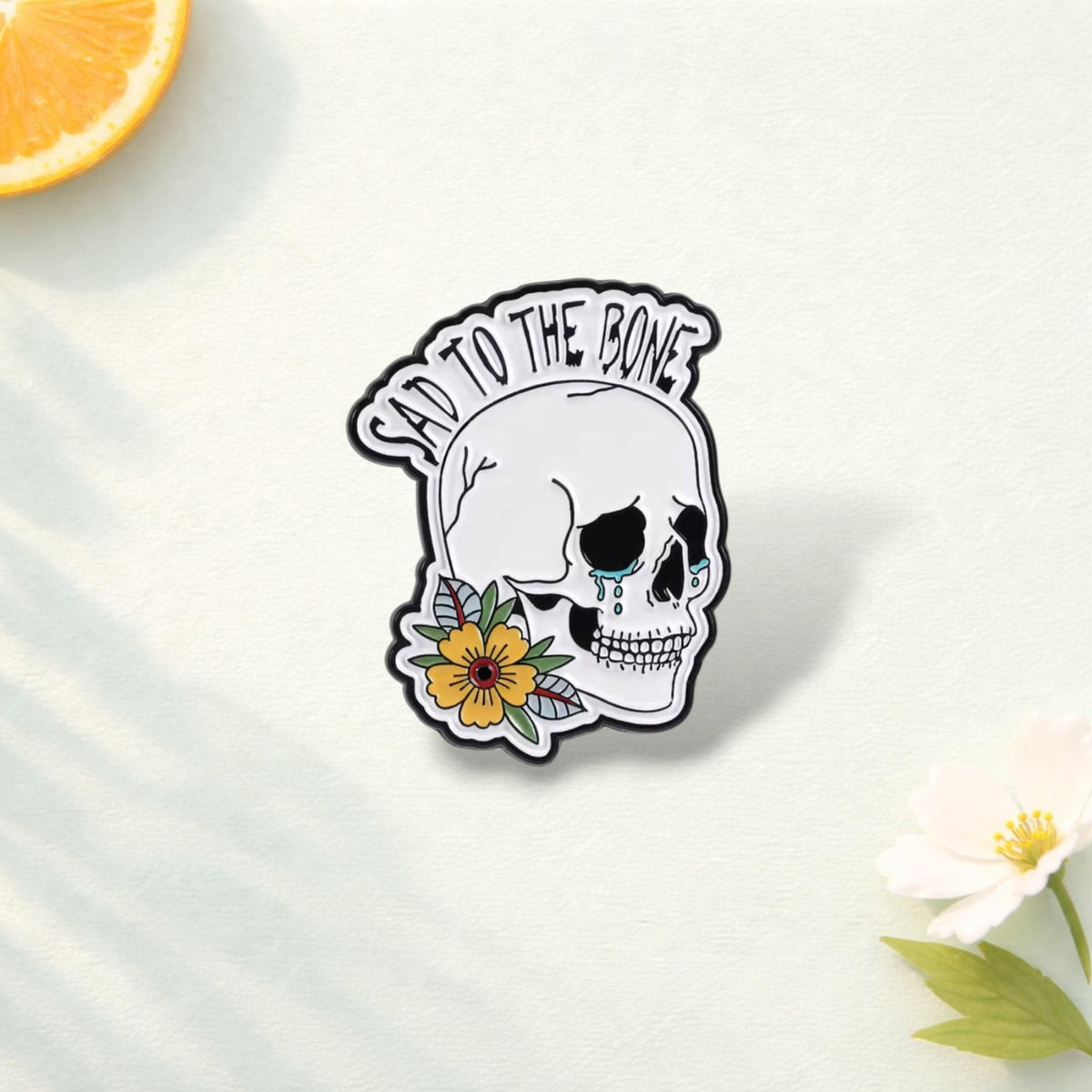Gothic Skull “Kinda Emotional” Enamel Pin – Punk Skeleton Flower Sad to the Bone Brooch – Lapel Badge