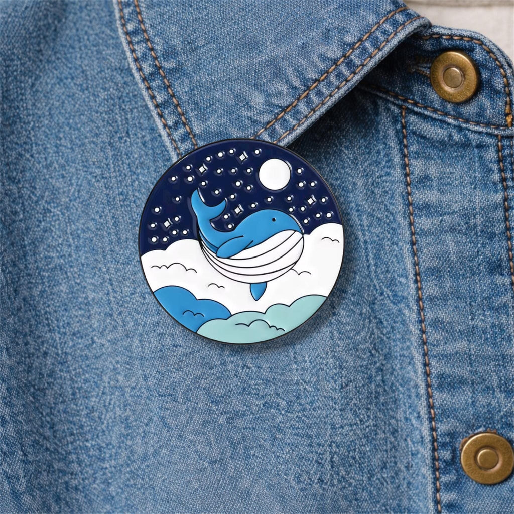 Whale Waves Night Sky Moon Stars Enamel Pin Cute Ocean Animal Brooch Lapel Badge Jewelry Gift