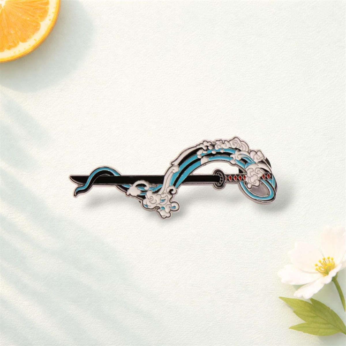 Elegant and Artistic Sword - and - Wave Enamel Pin for Anime and Japanese Culture Fans, Ideal for Cosplay and Cultural Events