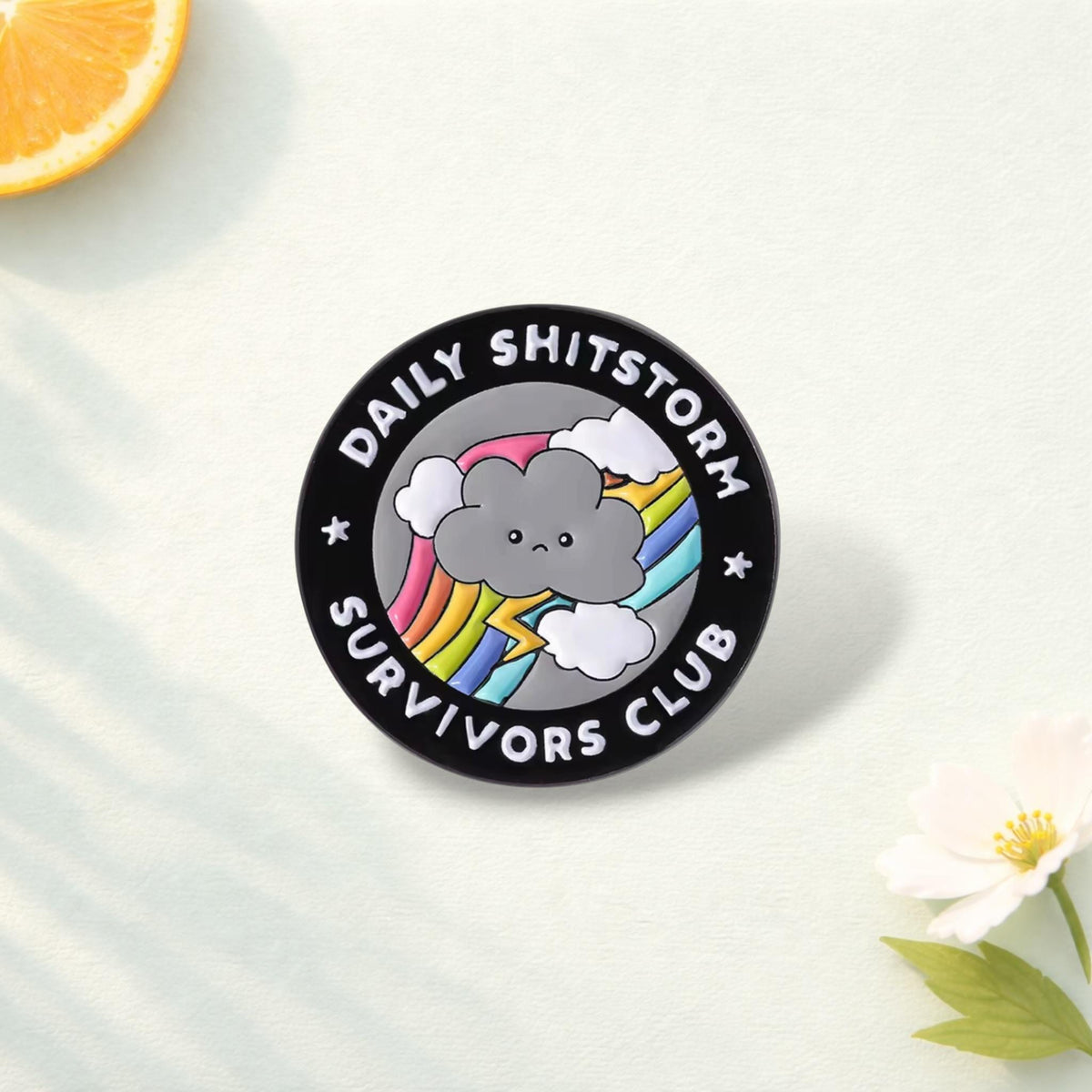 Daily Shitstorm Survivors Club Enamel Pin Funny Rainbow Cloud Brooch Lapel Badge Jewelry Gift for Friends Fans
