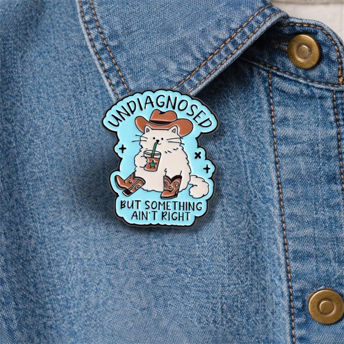 Cute Cowboy Cat Enamel Pins Funny Quote Undiagnosed but Something Aint Right Brooch Lapel