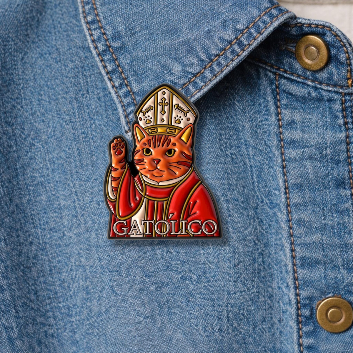 Sacred Catholic Cat Enamel Pin Solemn GATOLICO Cat Religious Belief Cartoon Brooch Lapel Badge Jewelry Gift