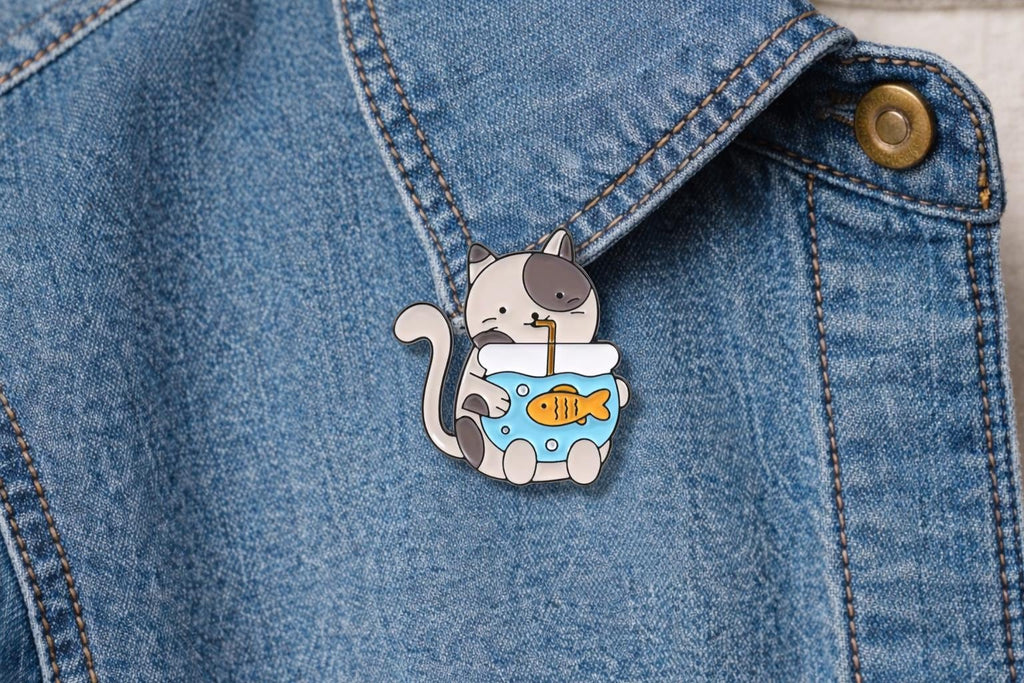 Playful Cat Fishbowl Enamel Pin – Cute Cat Carrying Fish Tank Brooch – Kawaii Animal Lapel Badge – Whimsical Pet Lover Jewelry Gift