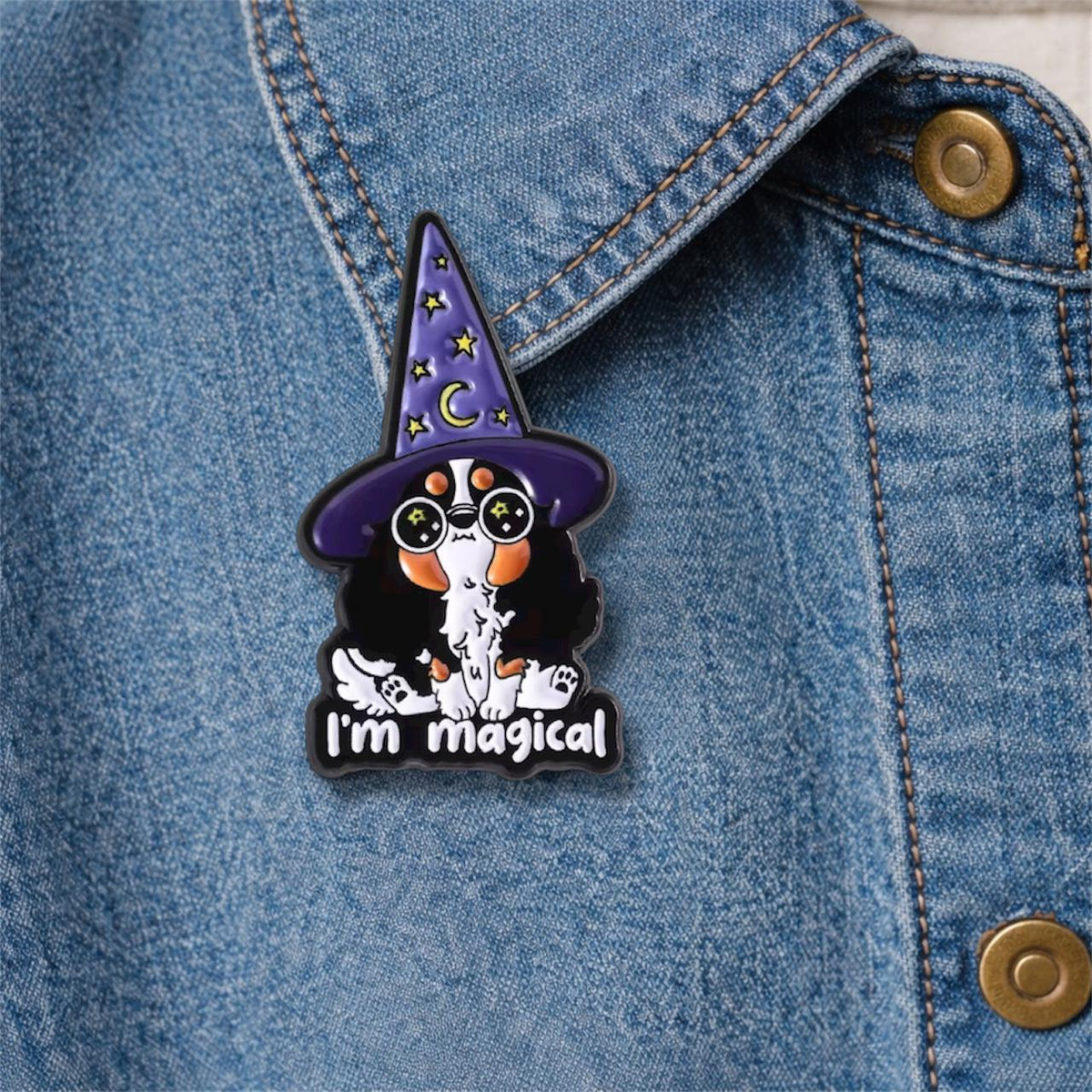 Wizard Cat Holding Magic Wand Enamel Pin Cute Dog With Witch Hat Halloween Brooch Lapel Badge