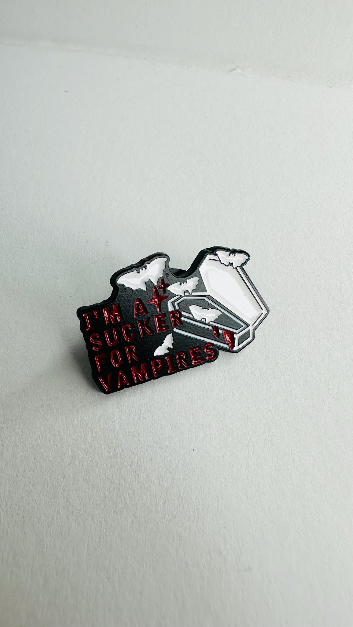 I Am a Sucker for Vampires Enamel Pin Halloween Bat Brooch Horror Movie Inspired Badge Gothic Lapel Pin Gift for Friends