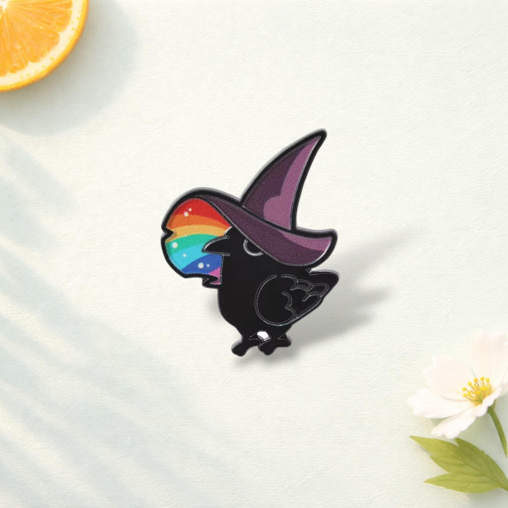 LGBTQ Witch Crow Enamel Pin – Gothic Black Crow with Witch Hat & Rainbow Scarf Brooch – Lapel Badge Jewelry