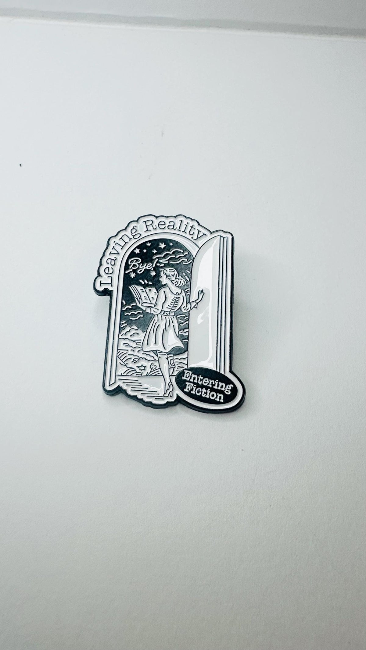 Leaving Reality Entering Fiction Enamel Pin Funny Book Lover Brooch Lapel Badge Reading Quote Jewelry Gift for Friends