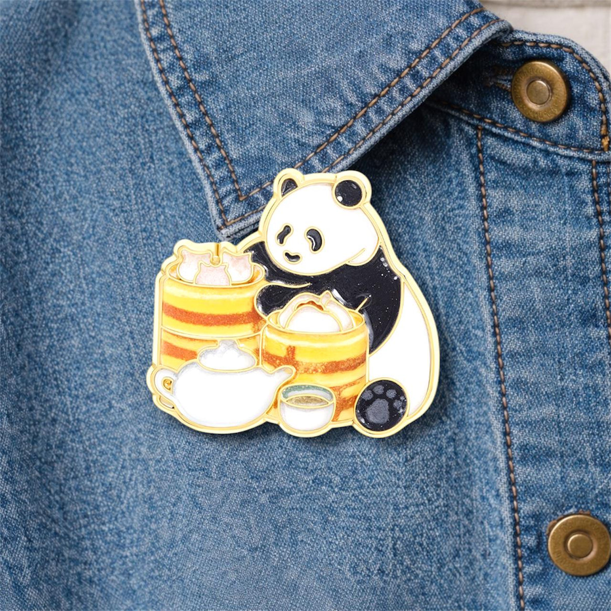 Cartoon Panda Enamel Pin Drinking Herbal Tea and Eating Bamboo Brooch Lapel Badge Cute Animal Jewelry Gift for Friends