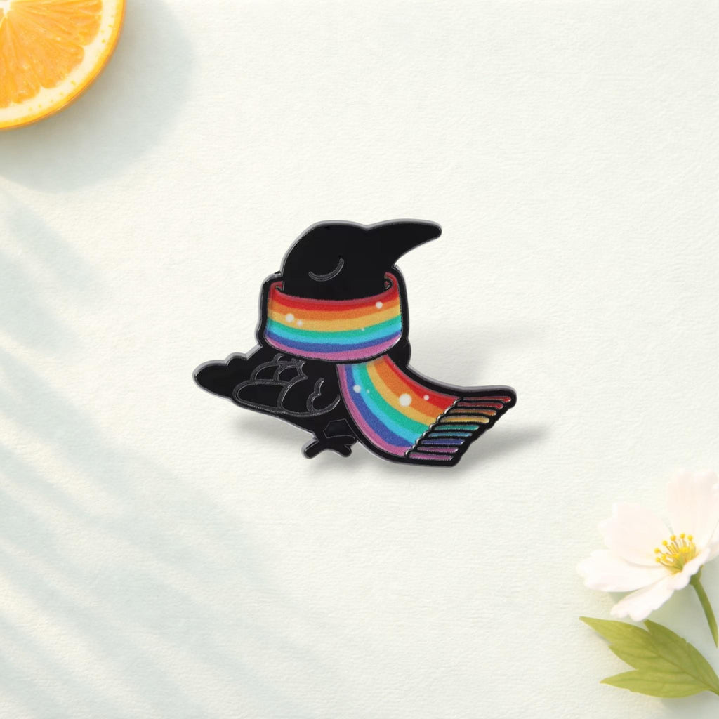 LGBTQ Witch Crow Enamel Pin – Gothic Black Crow with Witch Hat & Rainbow Scarf Brooch – Lapel Badge Jewelry