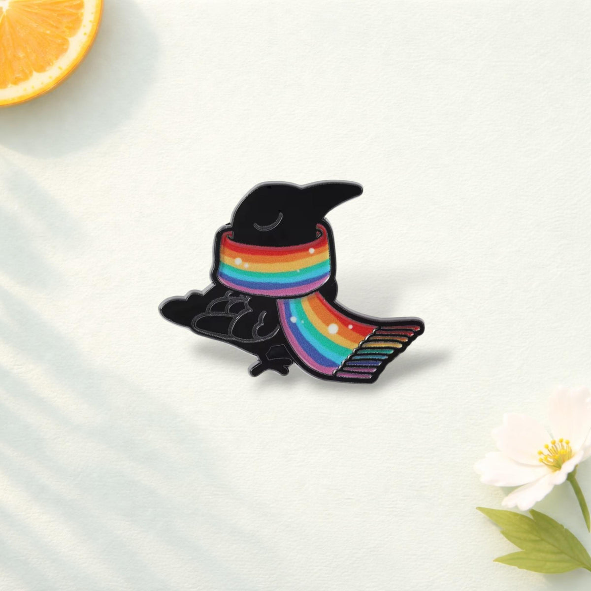 LGBTQ Witch Crow Enamel Pin – Gothic Black Crow with Witch Hat & Rainbow Scarf Brooch – Lapel Badge Jewelry