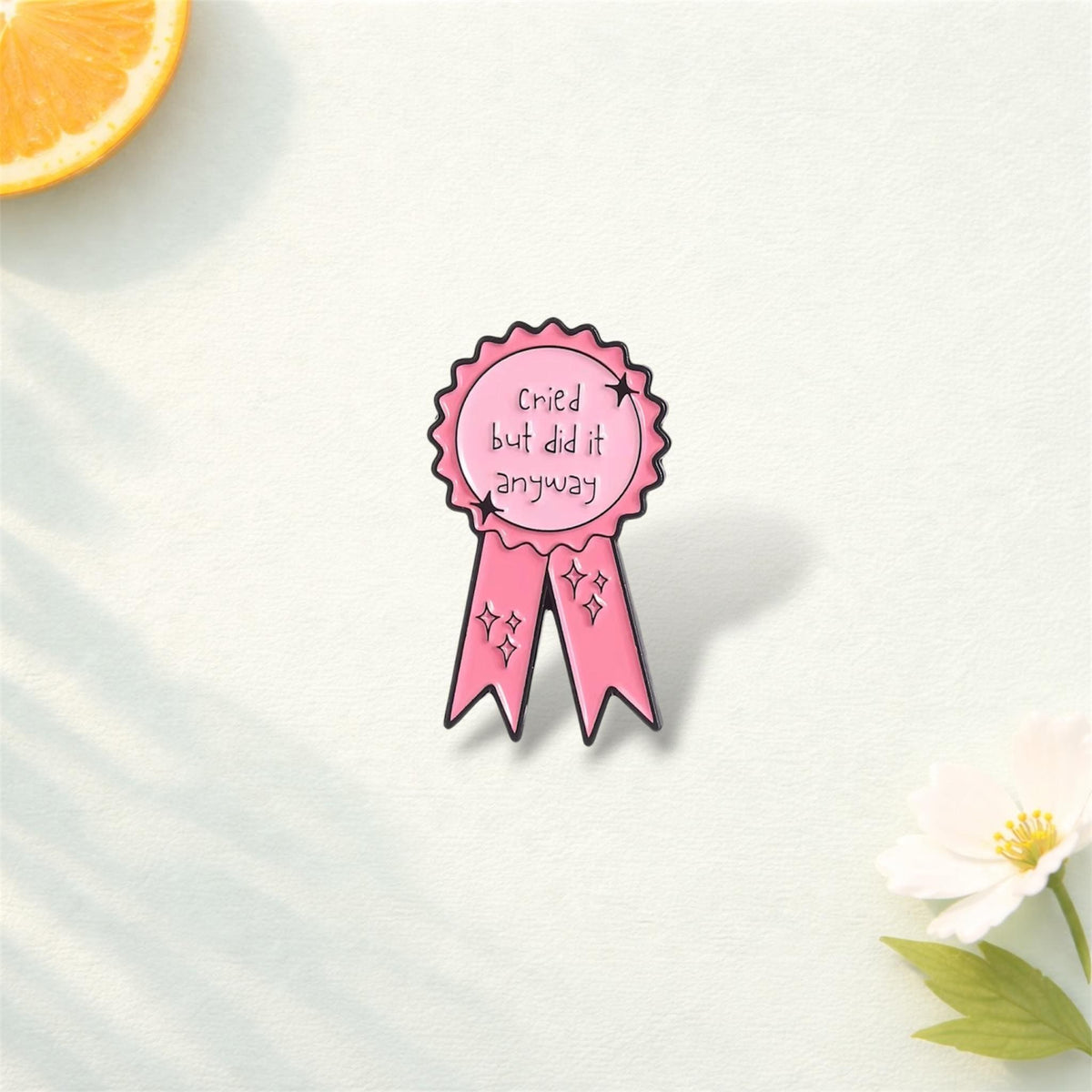 Pink Medal Enamel Pin – “Cried But Did It Anyway” Funny Quote Metal Badge – Emotional Strength Lapel Brooch – Creative Jewelry Gift