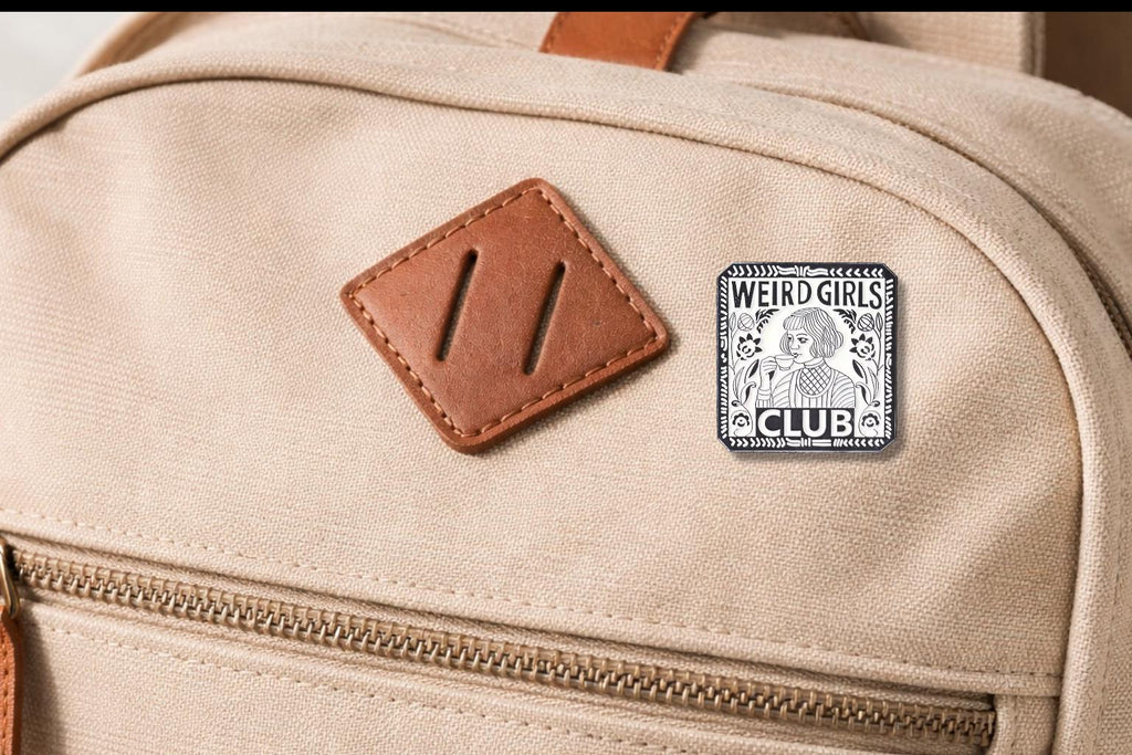 Weird Girls Club Enamel Pin Retro Black White Girl Drinking Tea Floral Border Brooch Lapel Badge Jewelry Gift