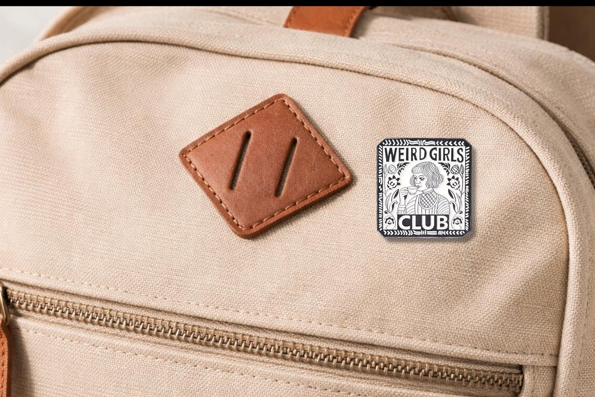 Weird Girls Club Enamel Pin Retro Black White Girl Drinking Tea Floral Border Brooch Lapel Badge Jewelry Gift